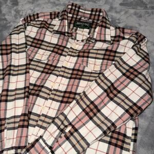 American Eagle Plaid Flannel Shirt Mens Large Pink Black Button Down Long Sleeve